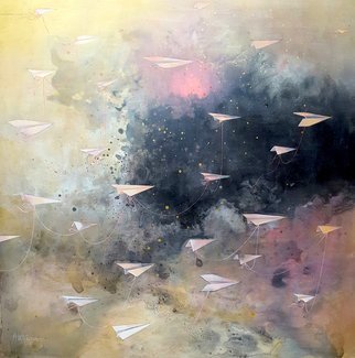 Yuliya Martynova; Migration  Into The Abyss , 2016, Original Mixed Media, 76 x 76 cm. Artwork description: 241 gold, paper planes, black, pink, philosophy, dramatic, sky, galaxy, galactic, love, freedom, motion, connection, friendship, family, love, beautiful, stunning, wow, space, cosmic, story, delicate, genuine,...