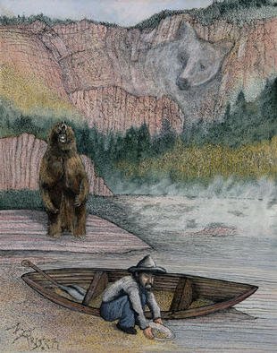 Michael Rusch; Prospector And The Bear, 2001, Original Mixed Media, 16 x 20 inches. Artwork description: 241 Originally published on the cover of Backwoodsman, this painting was altered afterward to include bear imagery in background. This painting is also available in various open series print forms and can be handsigned by artist for an additional handling fee....
