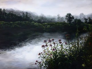 Michelle Iglesias; Westfield River Ma, 2017, Original Painting Acrylic, 48 x 36 inches. Artwork description: 241 Westfield River, MA was inspired by a photo my dadJohn Iglesiastook many years ago during an early morning fishing outing. He was captivated by the sun trying to pierce it s way through the morning mist.Westfield River, MA, large, original, acrylic, mist, fog, morning, day break, ...