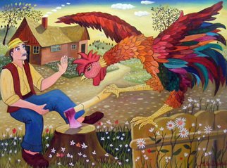 Mihai Dascalu; The Rooster, 2012, Original Painting Oil, 80 x 60 cm. Artwork description: 241   naive art, author Mihai Dascalu ...