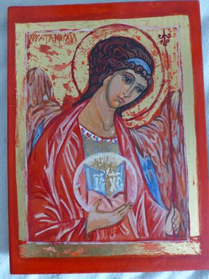 Milena Pramatarova; Archangel Michael, 2015, Original Drawing Gouache, 28 x 38.5 cm. Artwork description: 241  Archangel Michael, icon, 38. 5 x 28 cm. materials: wood, tempera ...