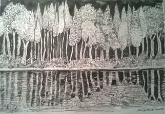 Miodrag Misko Petrovic; Lake Like A Mirror, 2014, Original Drawing Pencil, 30 x 42 cm. Artwork description: 241  Wouds to look at oneself in the lake like a in the mirror            ...