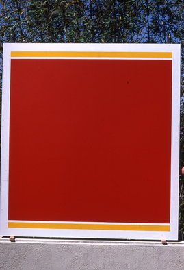 Mrs. Mathew Sumich; Red Square And Gold Rectangles, 1983, Original Painting Oil, 5 x 5 feet. Artwork description: 241 precision and crispness of line define this bold and inviting minimal painting...