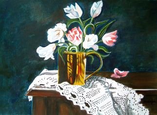 Manjiri Kanvinde; Still Life Tulips, 2008, Original Painting Acrylic, 12 x 16 inches. Artwork description: 241   his is a original painting not a print. Gorgeous Tulips in a brass jar delicately placed on a lace cloth.Size: 11 3/ 4