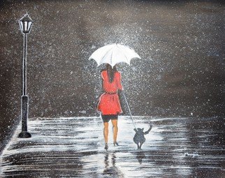 Manjiri Kanvinde; Stroll In The Rain, 2014, Original Painting Acrylic, 20 x 16 inches. Artwork description: 241 A black and white painting of a lady walking her dog in the rain. The red dress of the lady adds a unique touch to this painting. Will be a wonderful addition to any dog lovers collection. Medium: Acrylic on canvas Size: 20 x 16 inches Tracking number ...