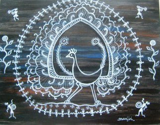Manjiri Kanvinde; Warli Peacock Painting, 2012, Original Painting Acrylic, 14 x 11 inches. Artwork description: 241    Warli folk paintings are the painting of Maharashtra, India. The word 