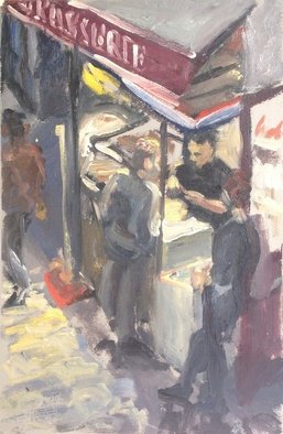 Michelle Mendez; Brasserie, Paris, 1990, Original Painting Oil, 7.5 x 11 inches. Artwork description: 241  Scene from Rue St. Denis, Paris night time, cityscape, gestural, figure, study in oil on primed Rives BFK paper mounted on masonite, stripping stained mahogany, ready to hang   ...