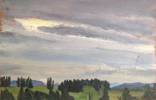 Michelle Mendez; Danville Storm Approachin..., 1992, Original Painting Oil, 11 x 7 inches. Artwork description: 241 Danville Vermont, spring, oil on primed Rives BFK printmaking paper, mounted on wood with stripping edge stained with mahogany stain, ready to hand  ...