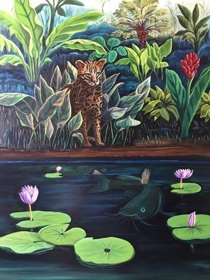Monica Puryear; Cat Fish, 2019, Original Painting Oil, 16 x 20 inches. Artwork description: 241 Depicts the imagined interaction between animals, in this case the Ocelot and the catfish. ...