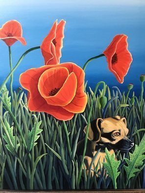 Monica Puryear; Zoey And The Giant Poppies, 2019, Original Painting Oil, 16 x 20 inches. Artwork description: 241 This depicts my dog, Zoey, and some rather large poppies that bloom in this area. ...