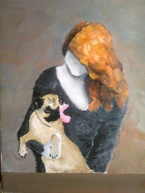 Benjamin Farkas; Hello Pug, 2016, Original Painting Oil, 24 x 30 cm. Artwork description: 241   oil, portrait, pug, dog, women, beautiful    ...