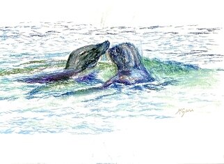Michael Garr; Galapagos Seals Meet And Greet, 2024, Original Drawing Pastel, 14 x 11 inches. Artwork description: 241 A pair of galapagos seals enjoying a swim together near shore...