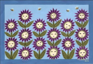 Teresa Sherwin; Flower Faces And Bees, 2012, Original Drawing Gouache, 10 x 6.8 inches. Artwork description: 241  Gouache on Arches 140 lb paper.   ...