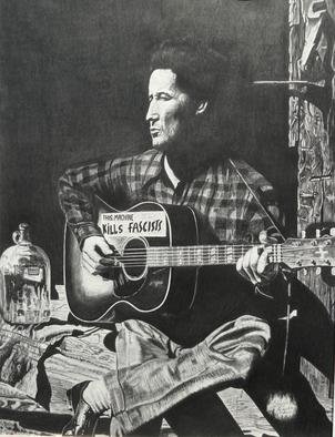 Charles  Rogers; Woody Guthrie This Machin..., 2013, Original Drawing Charcoal, 17 x 23 inches. Artwork description: 241  This is a charcoal on paper drawing of Woody Guthrie with the words, This Machine Kills Fascists, which he placed on his guitar during WWII to let people know he was fighting Nazism with his music. ...