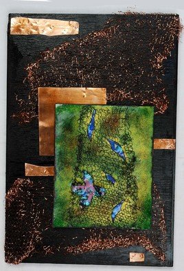 Nayna Shriyan; Netted Leaves, 2008, Original Enameling Vitreous, 14.5 x 18.5 cm. Artwork description: 241  This piece is an interpretation of lazy childhood days spent hanging around the village well watching dried leaves, flowers and other debris collect on the net stretched across the well. ...