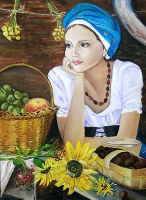 Natalia Stepanova; Blue Shawl, 2014, Original Painting Oil, 30 x 40 cm. Artwork description: 241    oil painting stepanova natalia  red scarfblue shawlgirlportrait painting  ...