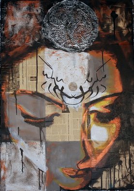 Niaz Hekmat; Meditation, 2015, Original Mixed Media, 70 x 100 cm. Artwork description: 241  Mix Media, 100 x 70 cm, Jan 2015A girl looks within in deep meditation. A collage, with rusty copper colors, and newspapers symbolising the daily material life. The words look within in persian, are mirrored on her forehead. 