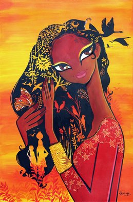 Niloufer Wadia; DUSK, 2015, Original Painting Acrylic, 24 x 36 inches. Artwork description: 241  Dusk, red, orange, woman, exotic, pop- art, fantasy, night time, birds, imagination ...
