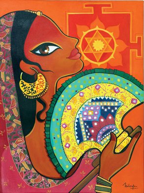 Niloufer Wadia; Heat 2, 2015, Original Painting Acrylic, 24 x 32 inches. Artwork description: 241  An exotic woman from India, in the sweltering heat, fanning herself with a typical embroidered Gujarati fan. Surya - the sun god, Yantra in the background ...
