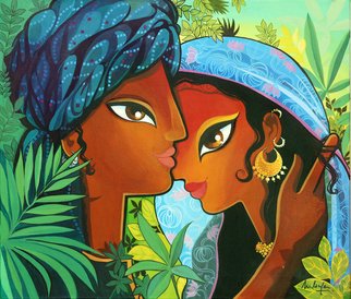 Niloufer Wadia; RENDEZVOUS, 2015, Original Painting Acrylic, 28 x 24 inches. Artwork description: 241  A couple meeting amongst rich foliage. Ethnic India. Pop art. ...