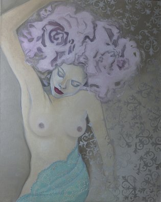 Natia Khmaladze; Daydream, 2015, Original Painting Oil, 61 x 76 cm. Artwork description: 241    Female portrait female torso female nude  lady with roses oil on canvas modern art  ...