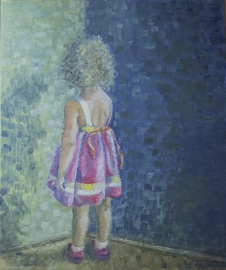 Natia Khmaladze; Masho, 2014, Original Painting Oil, 61 x 61 cm. Artwork description: 241   little girl child kid in the corner red dress curly hair cute red shoes standing oil on canvas impressionism  ...
