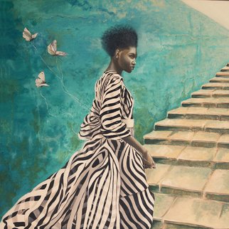 Natia Khmaladze; Oh Life, 2015, Original Painting Oil, 76.5 x 76.5 cm. Artwork description: 241   Female portrait butterflies stairs long dress colour afro black and white turquoise woman with a long dress dreamy    ...