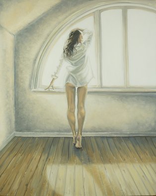Natia Khmaladze; Sunday Morning, 2014, Original Painting Oil, 61 x 76 cm. Artwork description: 241     female figure silhouette woman in the window arch living room sun light woman with a white shirt oil on canvas modern art long hair lady from the back  ...