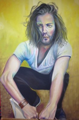 Natia Khmaladze; The Reader, 2015, Original Painting Oil, 51 x 61 cm. Artwork description: 241   male portrait reader man with a book man with long hair guy boy oil on canvas yellow full body  ...