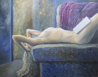 Natia Khmaladze; The Unbearable Lightness, 2013, Original Painting Oil, 76 x 61 cm. Artwork description: 241  female woman on the couch body nude long hair curly living room book reading glamour intimate  ...