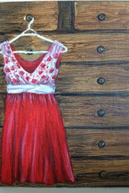 Natia Khmaladze; Waiting, 2015, Original Painting Oil, 13 x 18 cm. Artwork description: 241      chest of drawers red dress hanging timber still life oil on canvas modern art petite painting ...