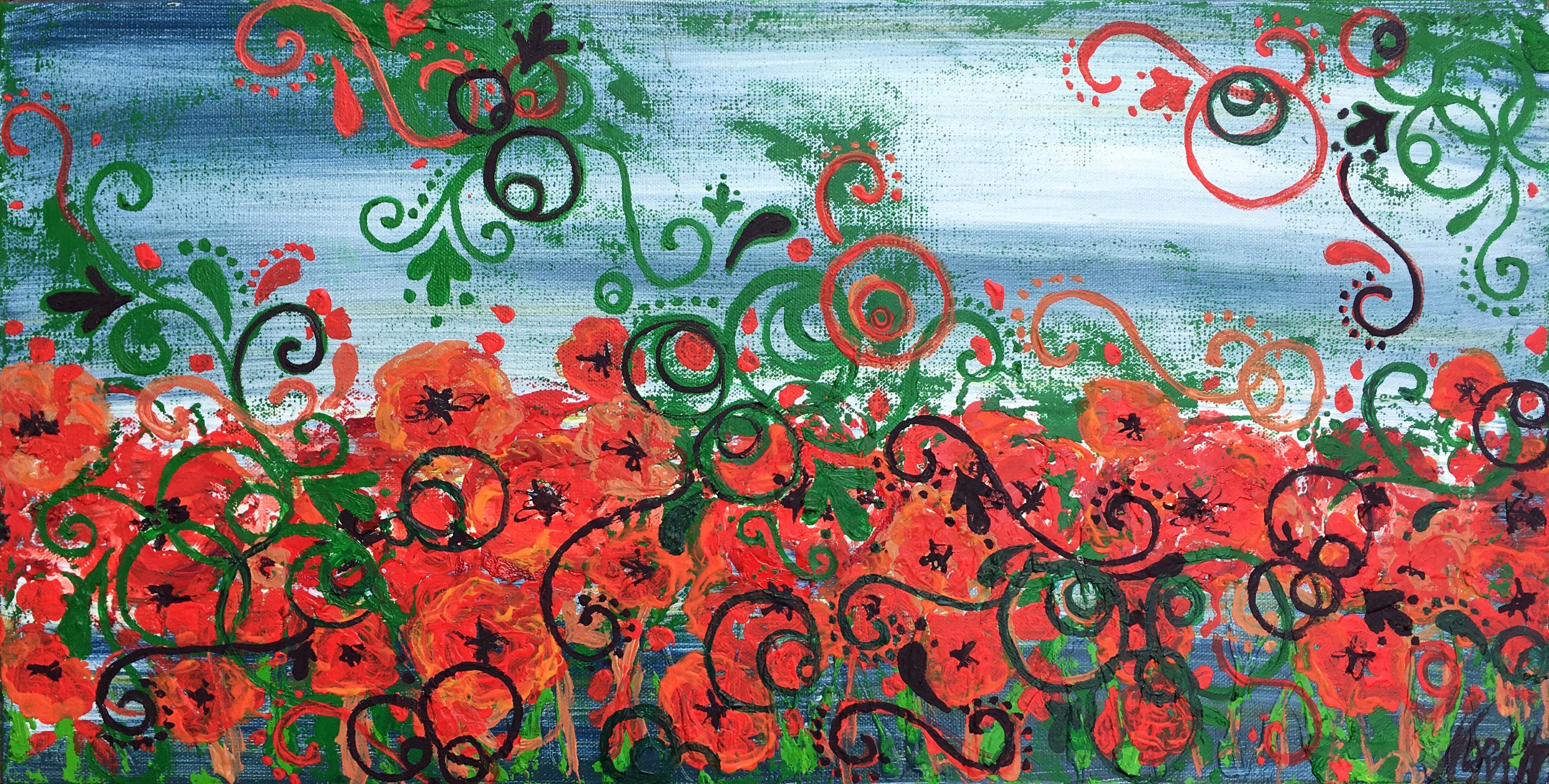 Nora Franko; Red Poppies In Eccentric Field, 2015, Original Painting Oil, 24 x 12 inches. Artwork description: 241 Original Oil Painting on Gallery Wrapped Canvas. The storm just pasted on the battle field. Row on Rowsee the past. ...