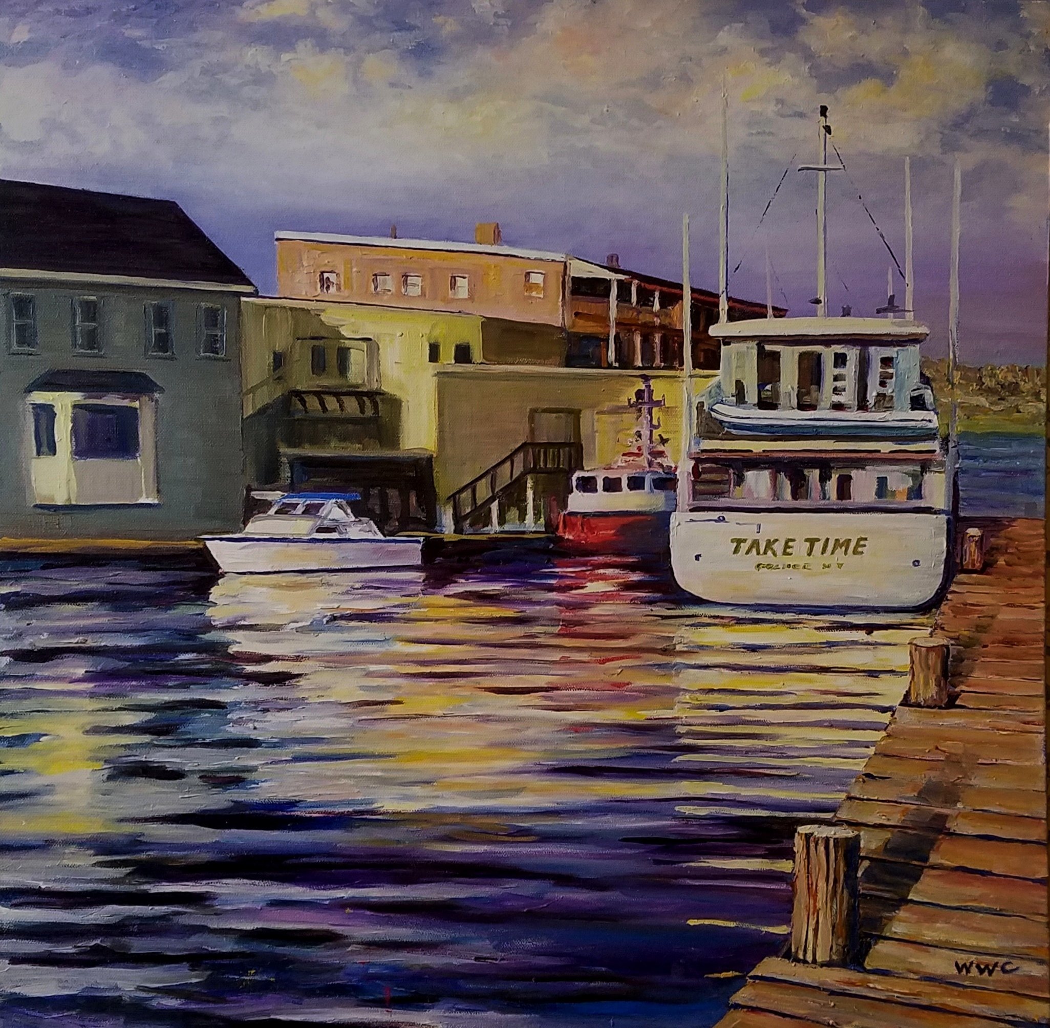 William Christopherson; Dawn At Clayton Docks, 2019, Original Painting Oil, 26 x 26 inches. Artwork description: 241 A sunrise scene in the Thousand Islands of Upstate NY.  Remindfull of those important slower days to relax and enjoy the beauty of the earth.  Completed in Grumbacher oils, in hardwood professional floater frame.  Wall ready.  Award winning artwork at 2019 Along the Rivers Edge, TI Arts ...