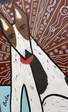 Brita Ferm; Aussie, 2016, Original Painting Acrylic, 12 x 16 inches. Artwork description: 241 Koda was a ball crazy Aussie mix who would herd anything.  The key to the Aboriginal symbols is on the back of the painting.  Acrylic on Masonite...