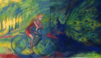 Olena Kamenetska; Peacock, 2003, Original Painting Oil, 62 x 37 cm. Artwork description: 241  Girl on a bicycle rode through the park and saw a cage with peacock ...