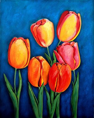 Ozgul Tuzcu; Tulips, 2007, Original Painting Acrylic, 80 x 100 cm. Artwork description: 241  A bunch of yellow, pink, red tulips on a cerulian blue background. ...
