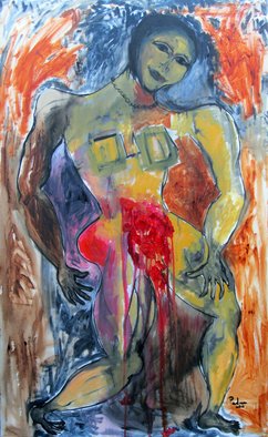Padma Prasad; Context Of Red, 2011, Original Painting Oil, 30 x 48 inches. Artwork description: 241  Woman figure  ...