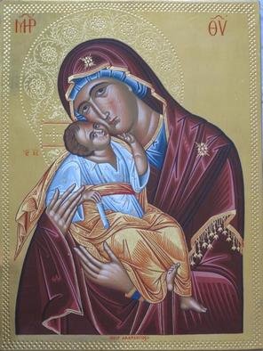 Adamantia Karatza; Byzantine Icon Of Virgin ..., 2012, Original Painting Tempera, 30 x 40 cm. Artwork description: 241  Hand painted religious icon with eggyolk tempera and real gold sheets on background under all traditional rules of byzantine art. The haloes are crafted by hand ...