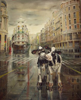 Enrique Pariente; Par De Vacas En La Gran V..., 2011, Original Painting Oil, 120 x 163 cm. Artwork description: 241  It's raining moment in Gran Via in Madrid, with a couple of cartoon cows ...
