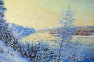 Petr Parkhimovitch; Morning Frost, 2018, Original Painting Oil, 90 x 60 cm. Artwork description: 241 Morning. Frozen from the cold wide river valley wakes up under the sunOil on canvasThe artwork on the stretcher, without a frame, signed on the front and back side, has a Certificate of Authenticity, certified by expertise.Offer your price. ...