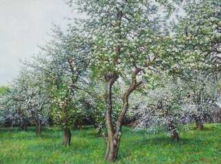 Petr Parkhimovitch; Silver Flower, 2017, Original Painting Oil, 98 x 73 cm. Artwork description: 241 The cool May day is filled with the aroma of apple blossom.Original paintingThe artwork on the stretcher, without a frame, signed on the front and back side, has a Certificate of Authenticity, certified by expertise.Offer your price. ...