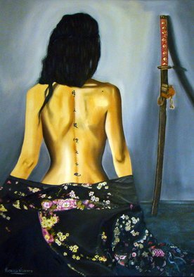 Patricia Vicente; Katana, 2014, Original Painting Oil, 60 x 80 cm. Artwork description: 241  Inspired in a Samurai Sword Katana next to a japanesse woman. ...