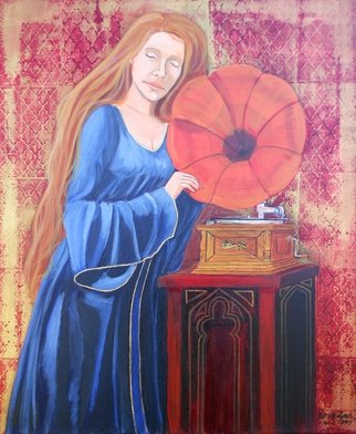 Patrick Lynch; To Dream The Old Dreams O..., 2015, Original Painting Acrylic, 20 x 24 inches. Artwork description: 241  A red- haired woman listens to the music being played on a gramophone    ...