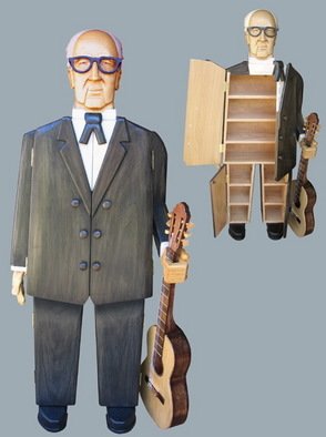 Paul Carbo; Andres Segovia, 2009, Original Sculpture Wood, 21 x 68 inches. Artwork description: 241  Custom, handmade, free- standing, stained wood cabinet as life- size caricature of Andres Segovia ...