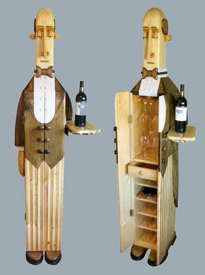Paul Carbo; The Butler Wine Cabinet, 2007, Original Furniture, 1.4 x 6.1 feet. Artwork description: 241  Custom, handmade, free- standing, stained wood wine cabinet as life- size caricature of a butler ...