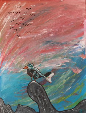 Paul Jace; Bird On A Rock, 2010, Original Painting Acrylic, 30 x 38 inches. Artwork description: 241  Air Water Fire Earth Landscape Tribal Animals African Rabbits Bird Ancestors Aboriginal Magic Sea Sun Pollock  ...