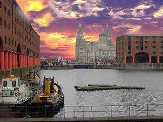 Paul Woods; Sunset At The Albert Dock, 2002, Original Computer Art, 8 x 10 inches. Artwork description: 241 An image taken in Liverpool 2002, combined with a digitally manipulated sky....