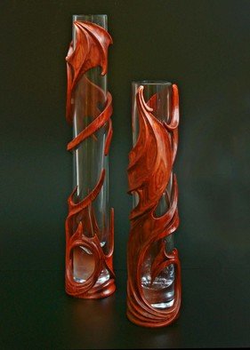 Pavel Sorokin; Pair Of Interior Vases Ma..., 2011, Original Woodworking, 5 x 45 cm. Artwork description: 241  wood, wooden, exotic, carving, art- nouveau, modern, fantasy, dragons, wings, carved, tropical, interior, decoration, vase, flowers, decorative, home, hand- work, single item, hand- made, gift, premium, brown, glass, cristall, authors collection, furnishings...