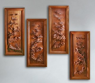 Pavel Sorokin; Wall Decorative Panels Fo..., 2014, Original Bas Relief, 29 x 70 cm. Artwork description: 241  This composition of four- seasons on- wall panels made of sophisticatedly- carved wood, with flowers and birds images in classical Chinese style. Nice decoration for oriental interior. Made from a tropical Mahogany Vietnam wood by copyright models. ...