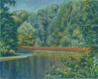 P. E. Creedon; Tranquil Pond, 2015, Original Pastel, 10 x 8 inches. Artwork description: 241  A realistic pastel of a pond in Summer with green tones, reflections       ...